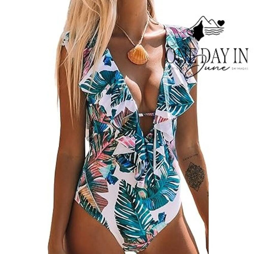 Sporlike Ruffle Shoulder Tropical One Piece Swimsuit Size S